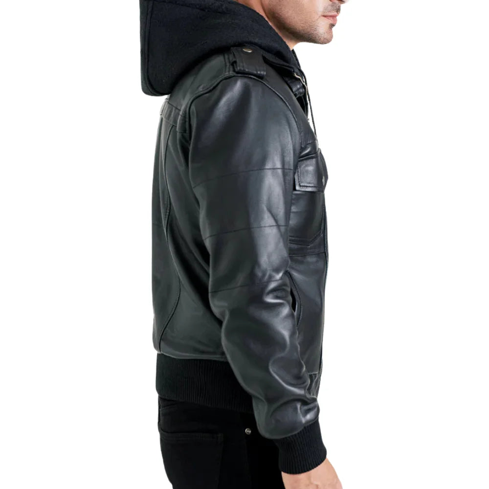 Men's Black Leather Bomber Jacket with Removable Hood