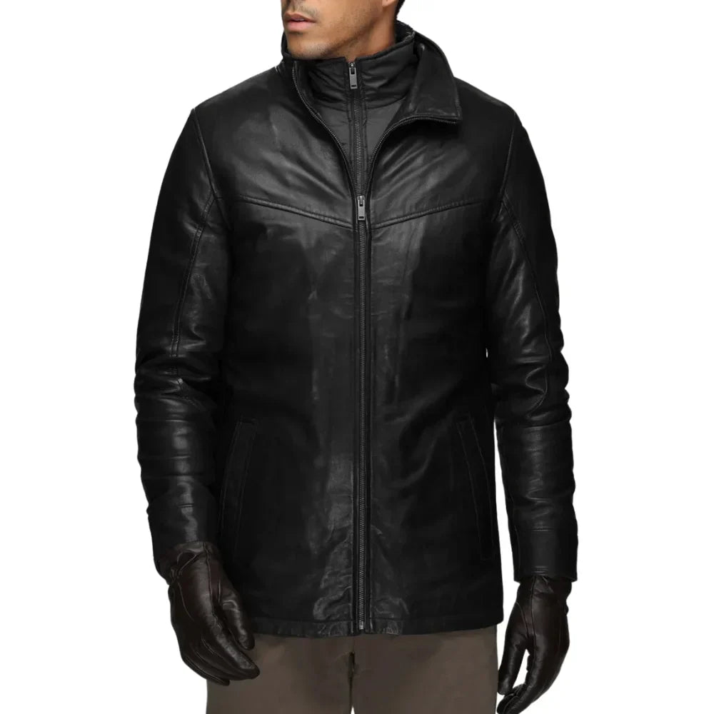 Black lamb leather walking coat with detachable quilted vest