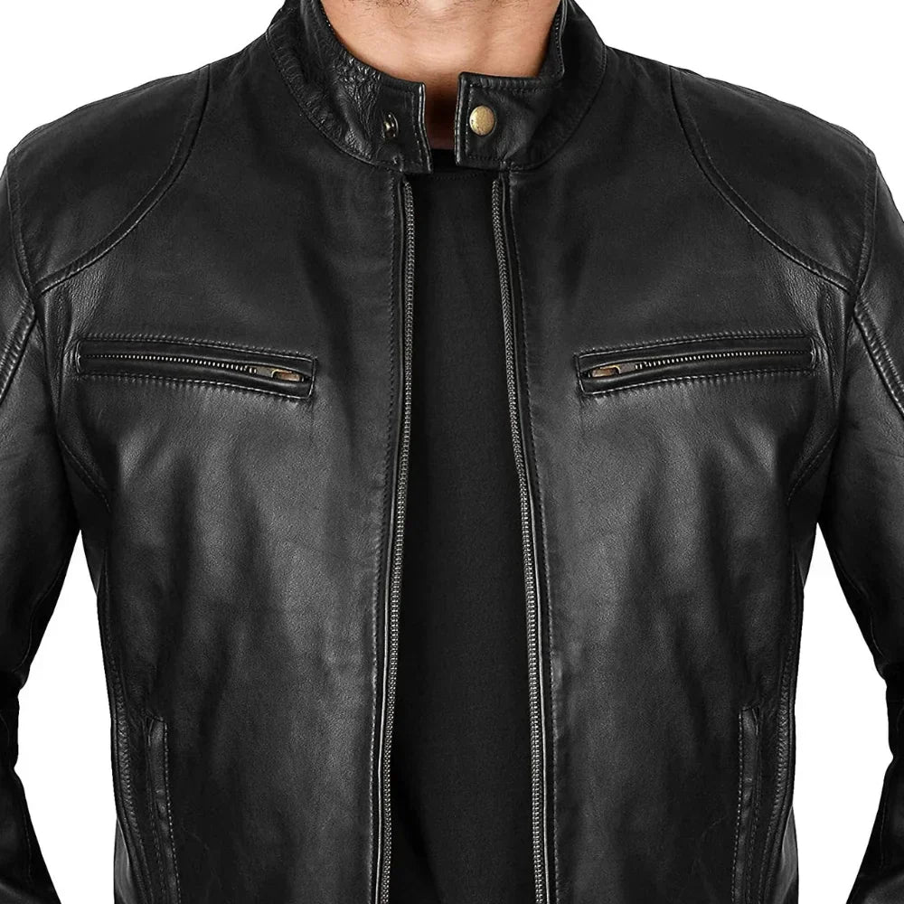 Black lambskin cafe racer jacket for tall men