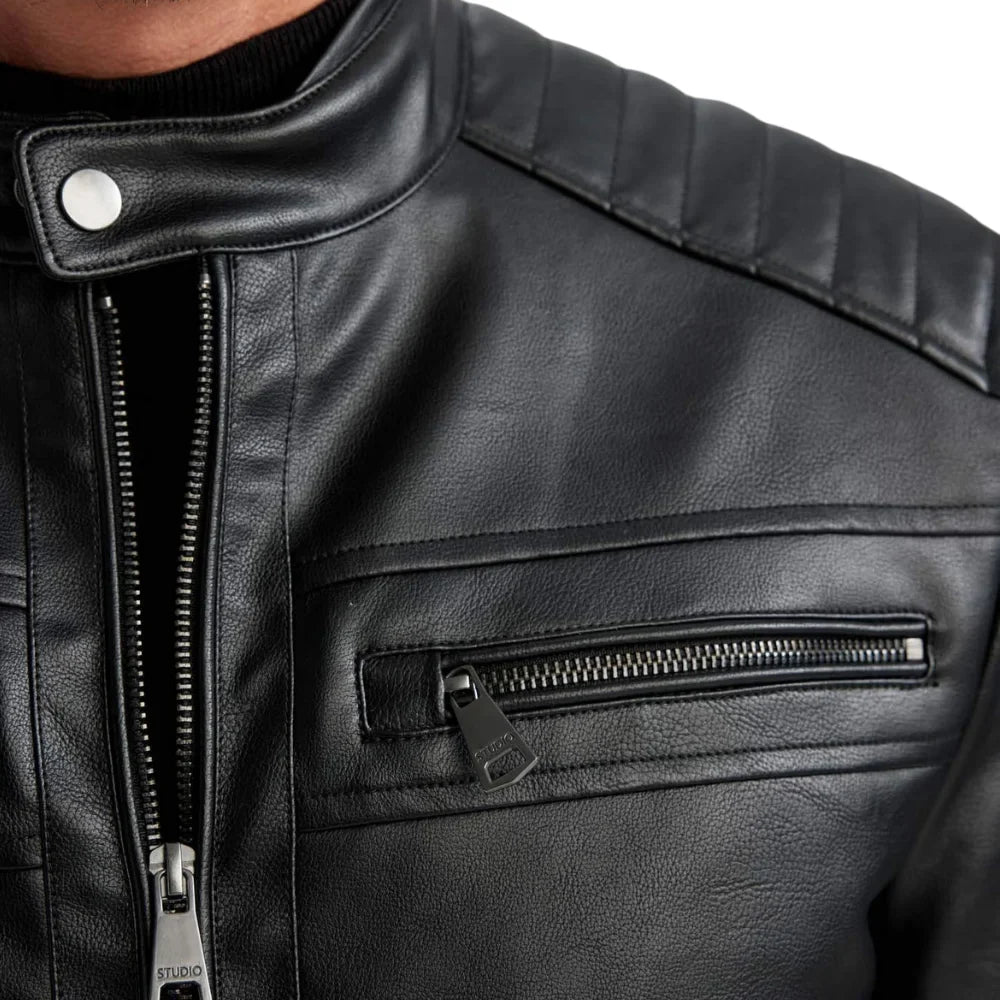 Black lambskin cafe racer jacket for tall men