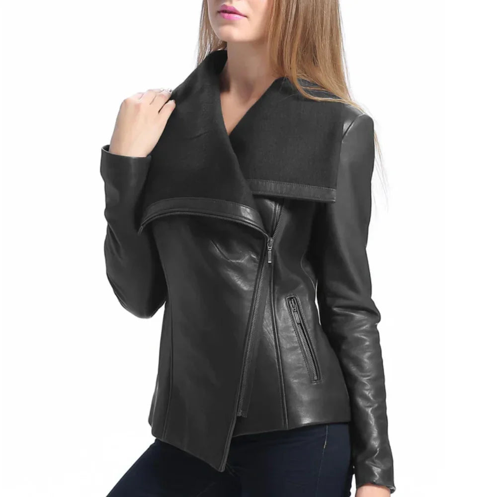 Women’s Asymmetrical Black Leather Jacket with Wool Blend Overlay - Trendy Jacket