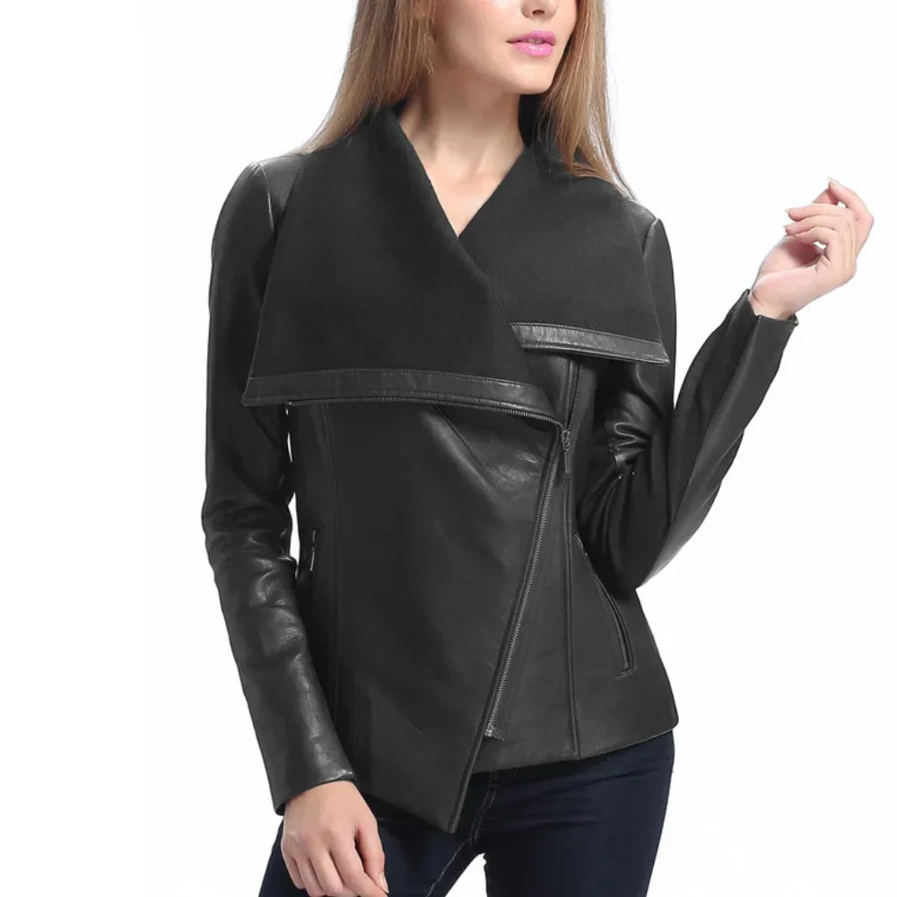 Women’s Asymmetrical Black Leather Jacket with Wool Blend Overlay - Trendy Jacket