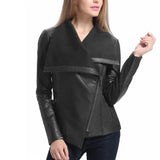 Women’s Asymmetrical Black Leather Jacket with Wool Blend Overlay - Trendy Jacket