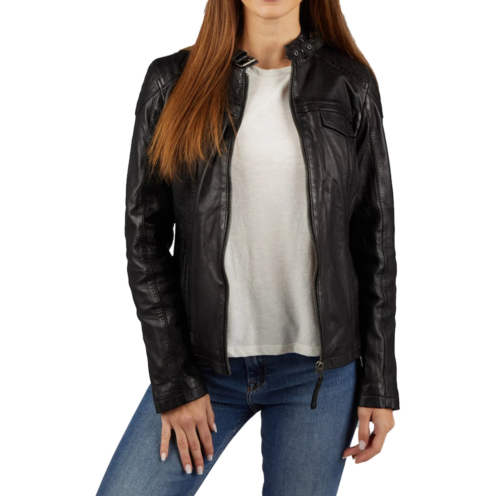 Susan Womens Black Leather Biker Jacket