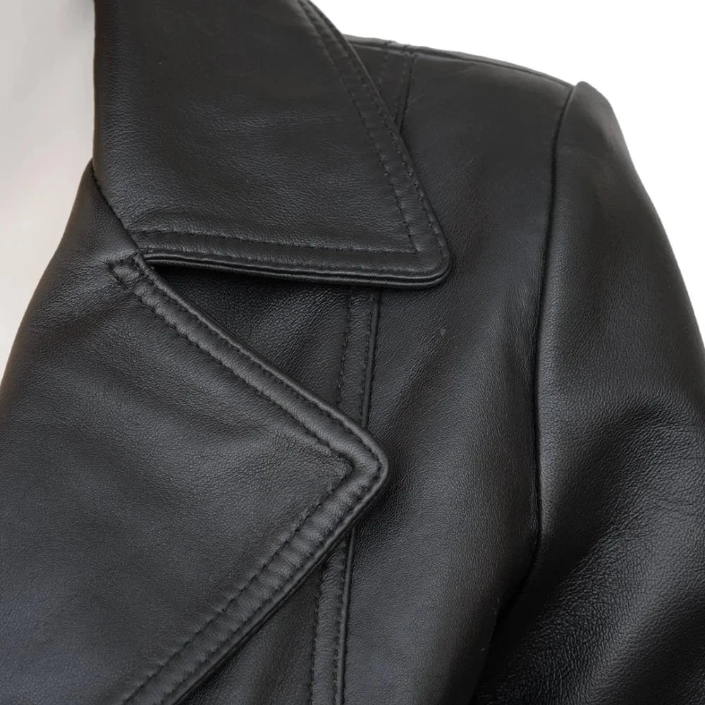 Real Lambskin Notch Lapel Ladies Black Leather Blazer - Close Up