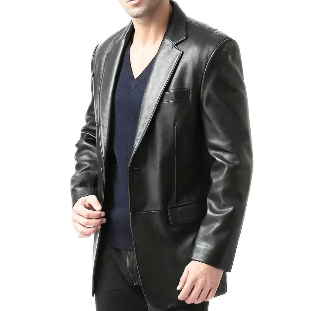 Notch lapel on black leather blazer for tall men