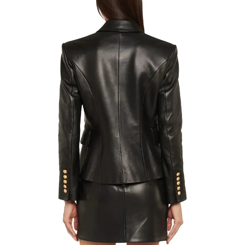 Back view of tall women’s black leather blazer