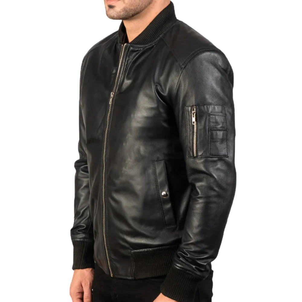 Front zipper on black leather bomber jacket for tall men