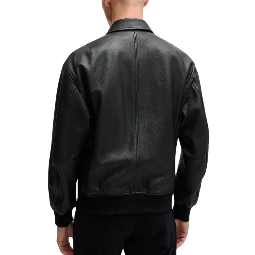 Men's Lamsbkin Black Relaxed Fit Black Bomber Jacket
