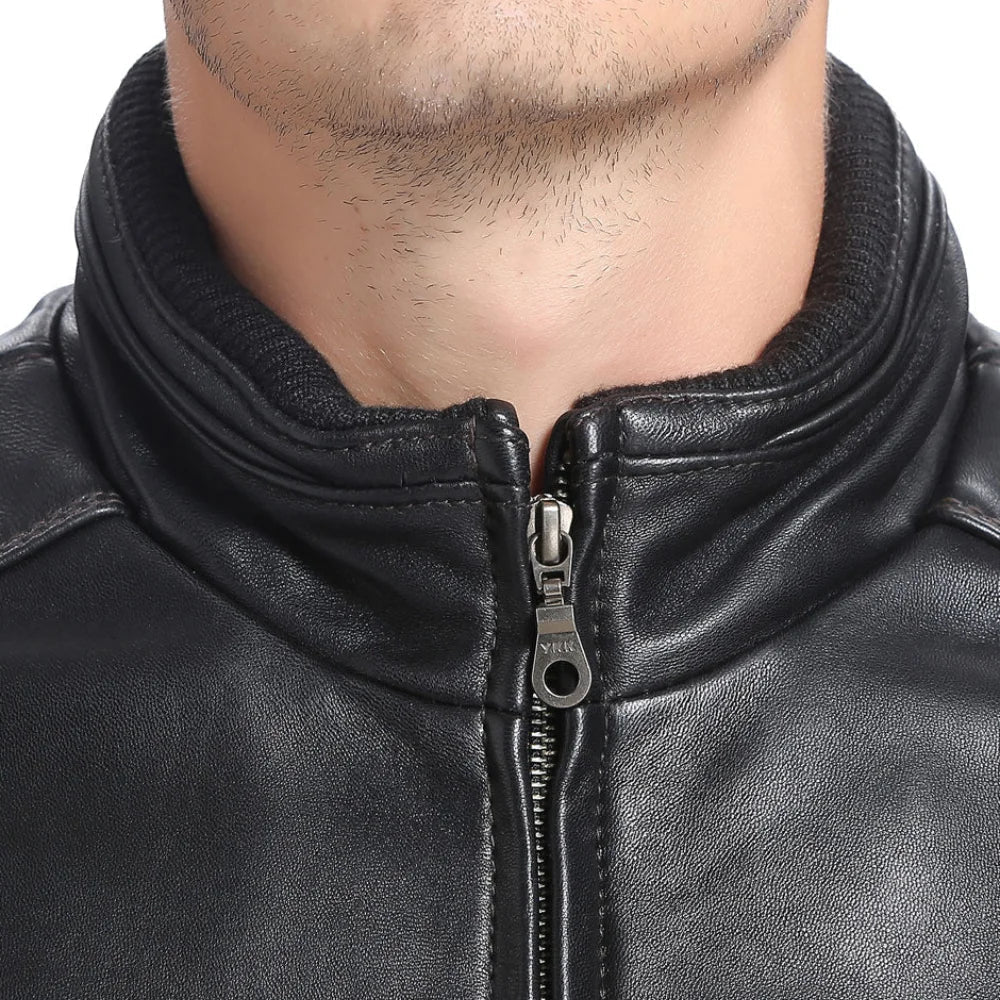 Black lambskin leather bomber jacket for tall men