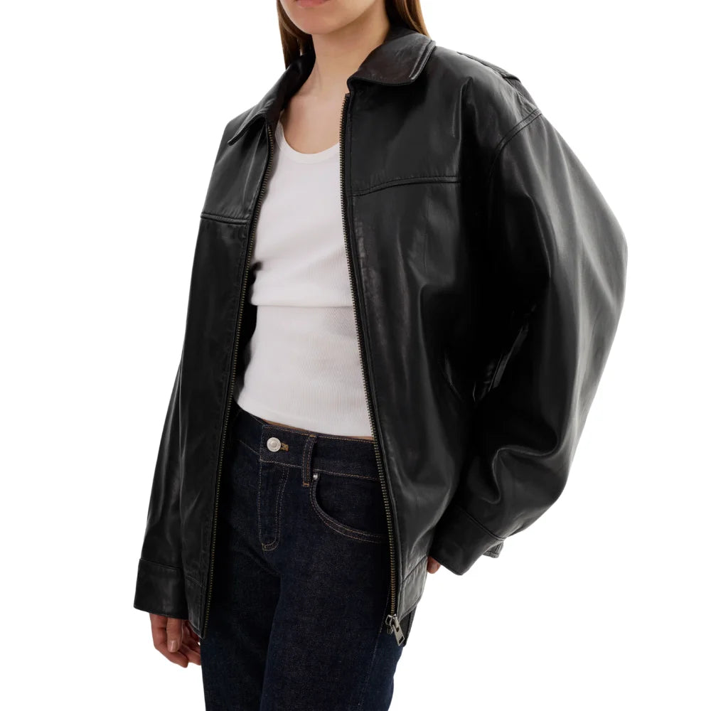 Women's Oversized Black Leather Bomber Jacket - Shirt Collar Style