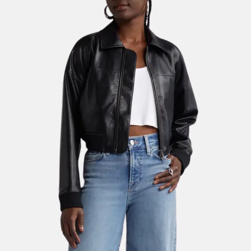 Black Leather Cropped Bomber Jacket Womens – Trendy Jacket
