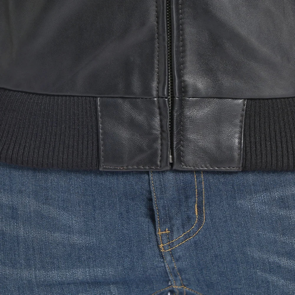 Rib-knit cuffs on men’s black lambskin leather jacket