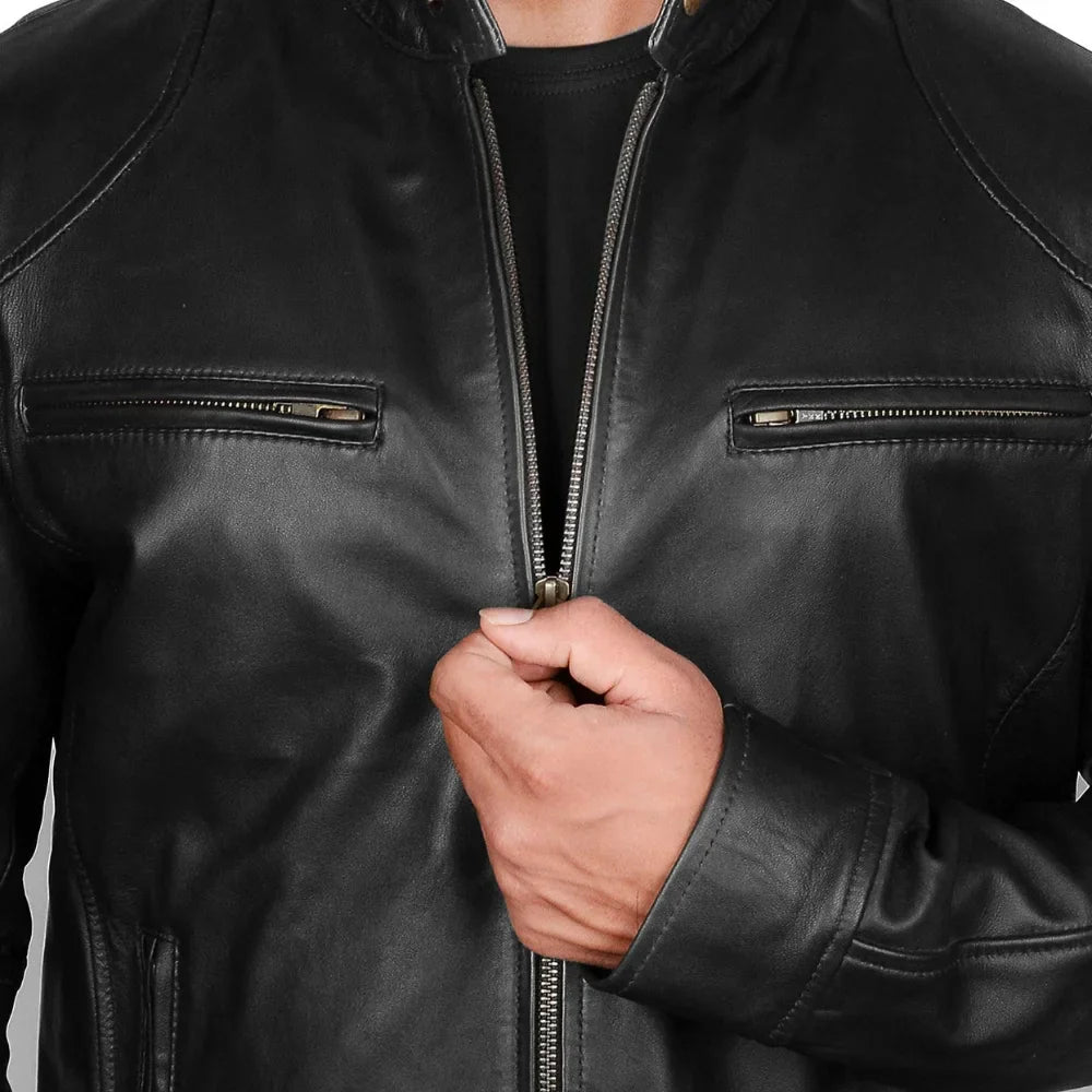 Open front view of men’s black leather cafe racer jacket