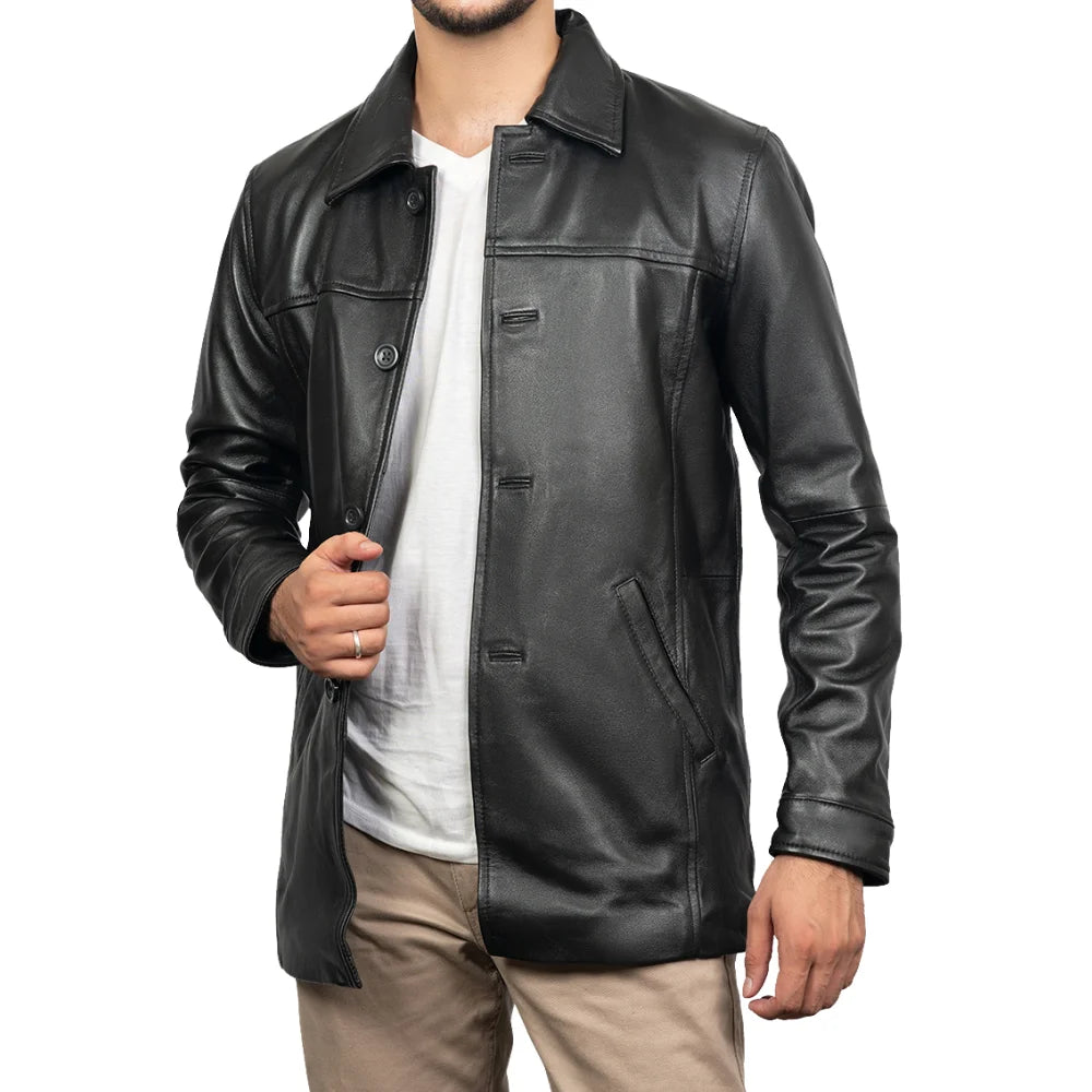 Victor Black Mens 3/4 Length Lambskin Leather Car Coat