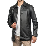 Victor Black Mens 3/4 Length Lambskin Leather Car Coat