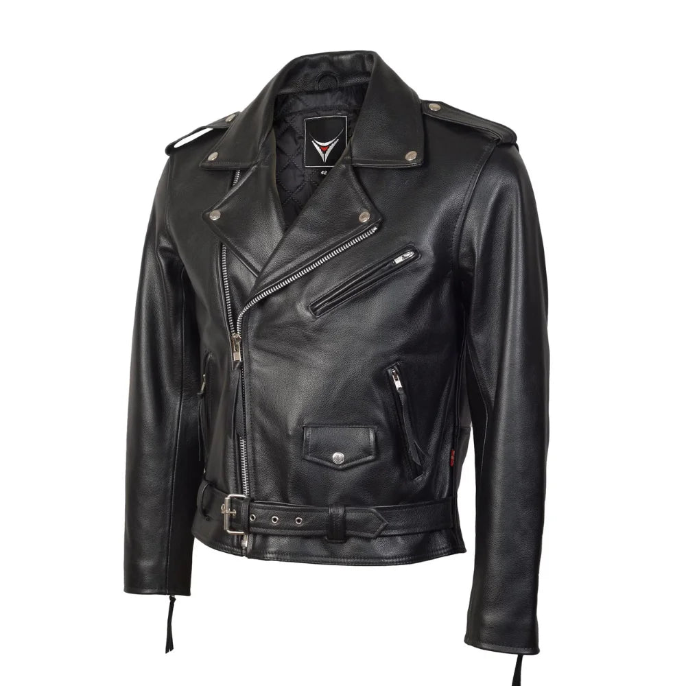 Mens Brando Belted Black Biker Leather Jacket