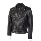 Mens Brando Belted Black Biker Leather Jacket