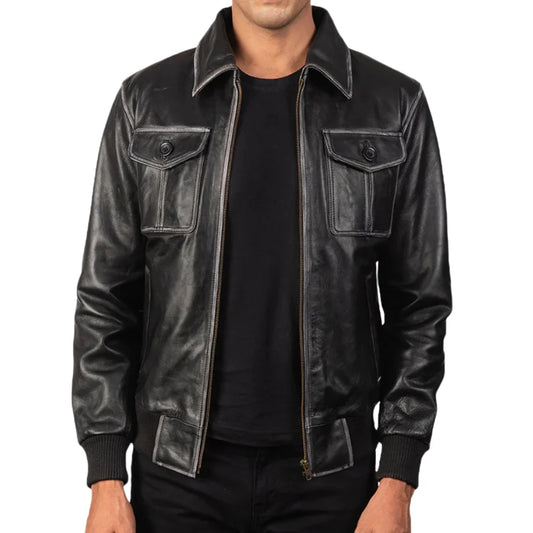 Men's Black Distressed Leather Bomber Jacket