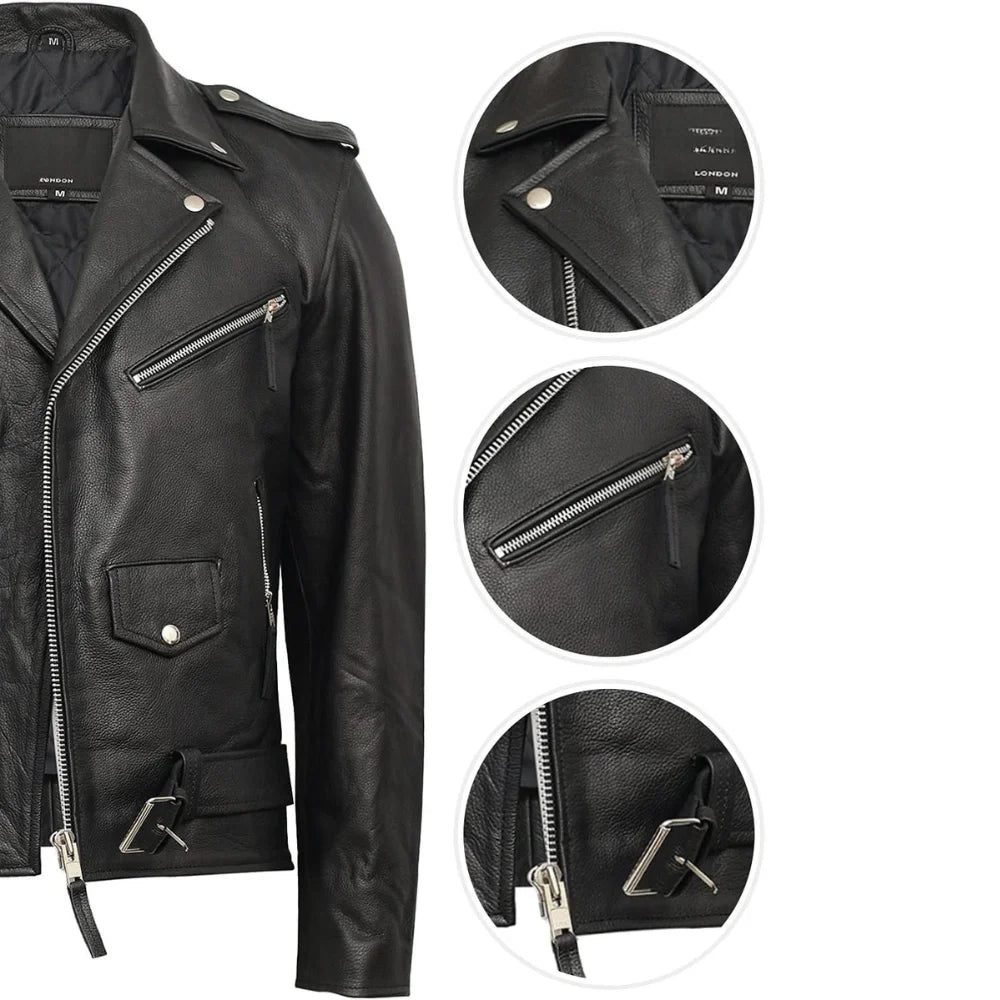 Brando Mens Genuine Leather Biker Jacket Cowhide
