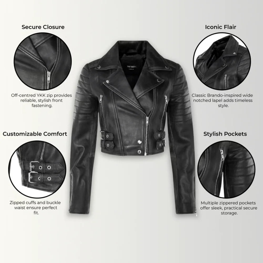 Women’s Black Cropped Leather Biker Jacket