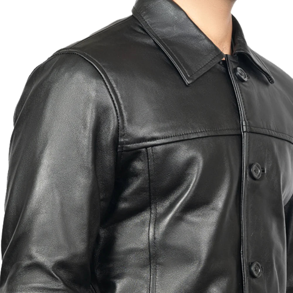 Victor Black Mens 3/4 Length Lambskin Leather Car Coat