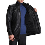 Mens Real  Black 3/4 Length Leather Walking Coat
