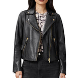 Women’s black zip front leather jacket
