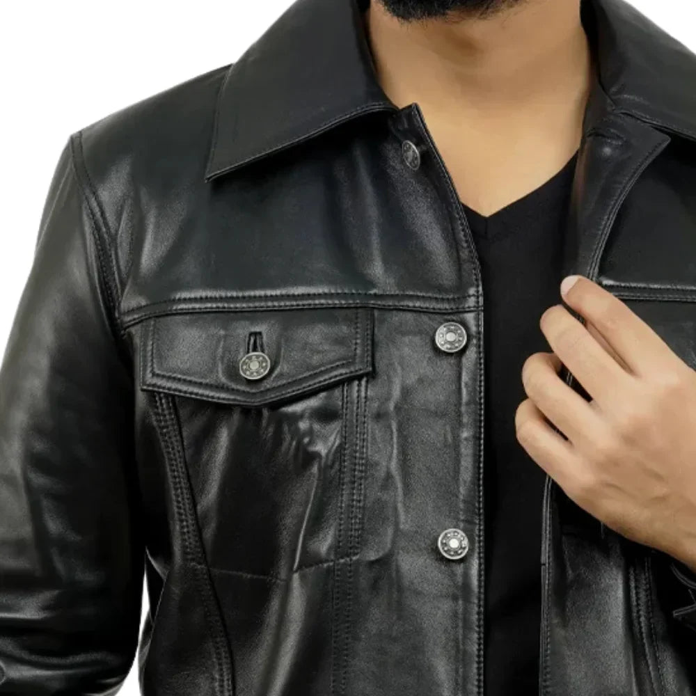 Black leather trucker jacket for tall men