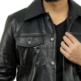 Black leather trucker jacket for tall men