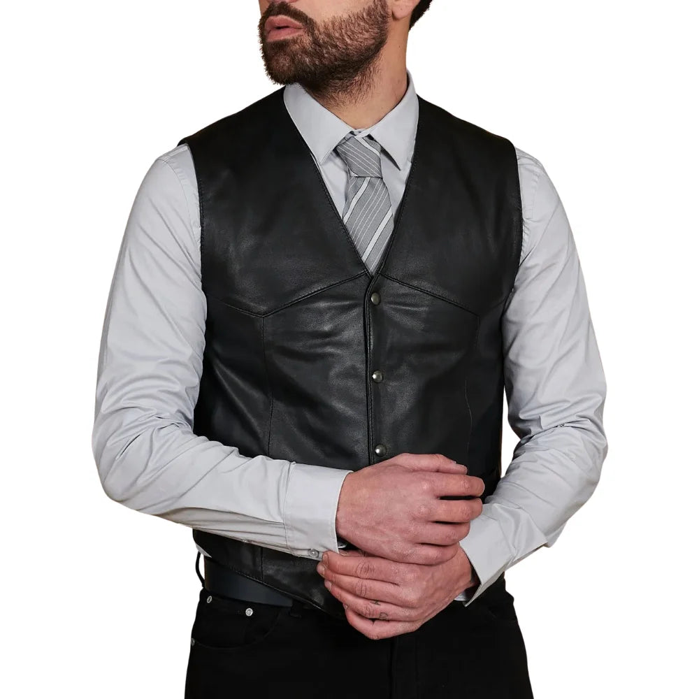 Men’s black leather waistcoat with metal button front