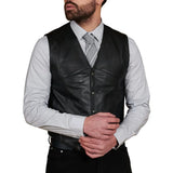 Men’s black leather waistcoat with metal button front