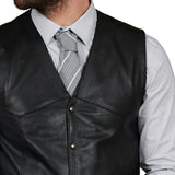 Two welt pockets on men’s black leather waistcoat