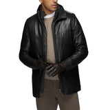 Open front view of men’s black leather walking coat