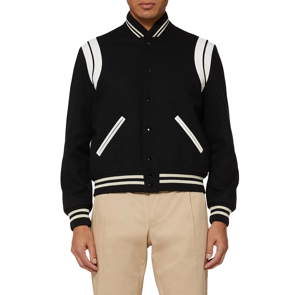Mens White And Black Varsity Bomber Jacket