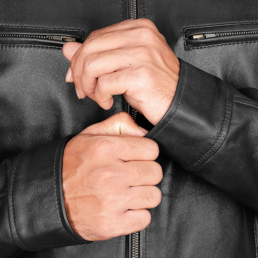 Men's Lambskin Leather Black Cafe Racer Jacket