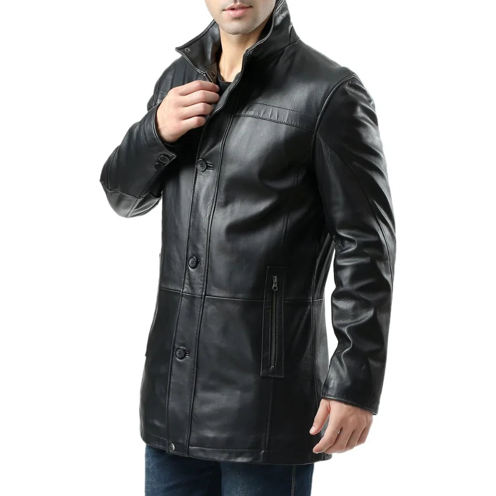 Men's Black Real Lambskin Leather Car Coat — 3/4 Length