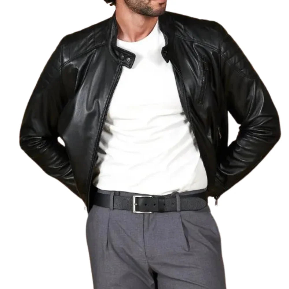 Men's Quilted Black Cafe Racer Leather Jacket