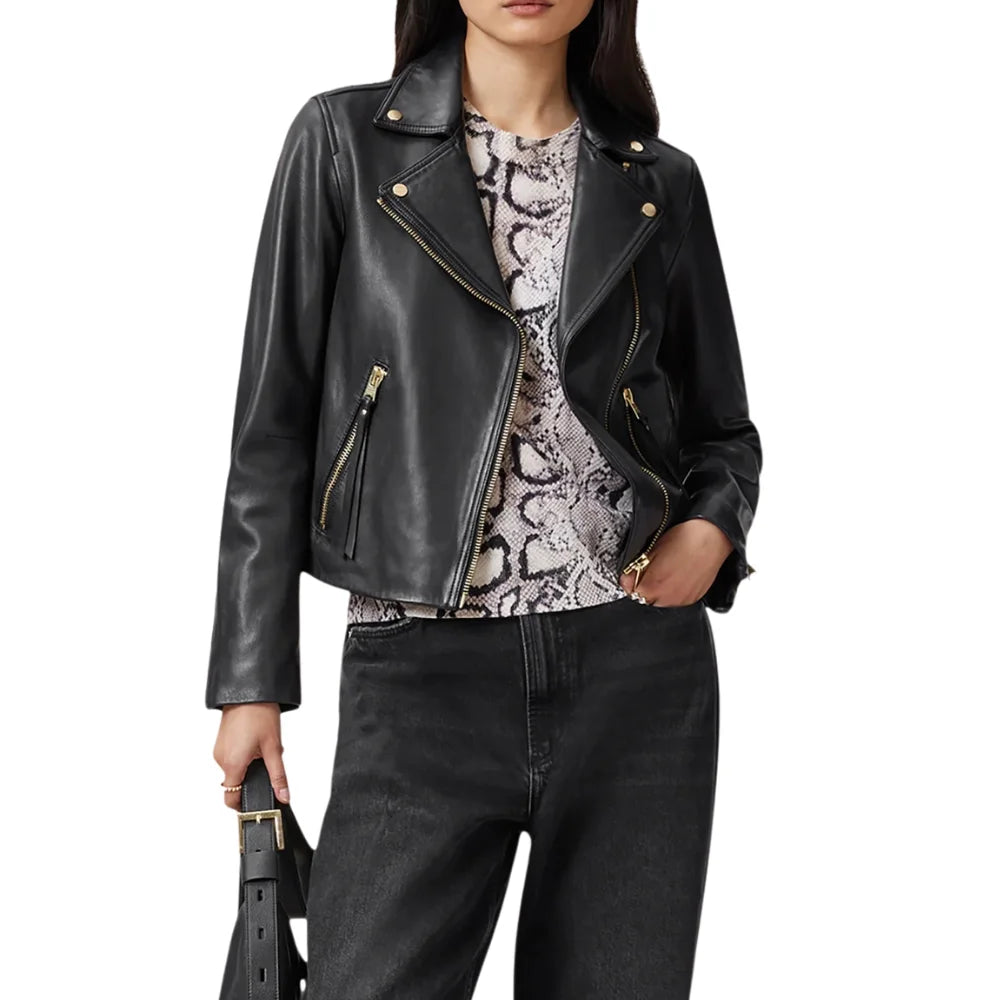 Women’s black moto jacket with front zipper closure