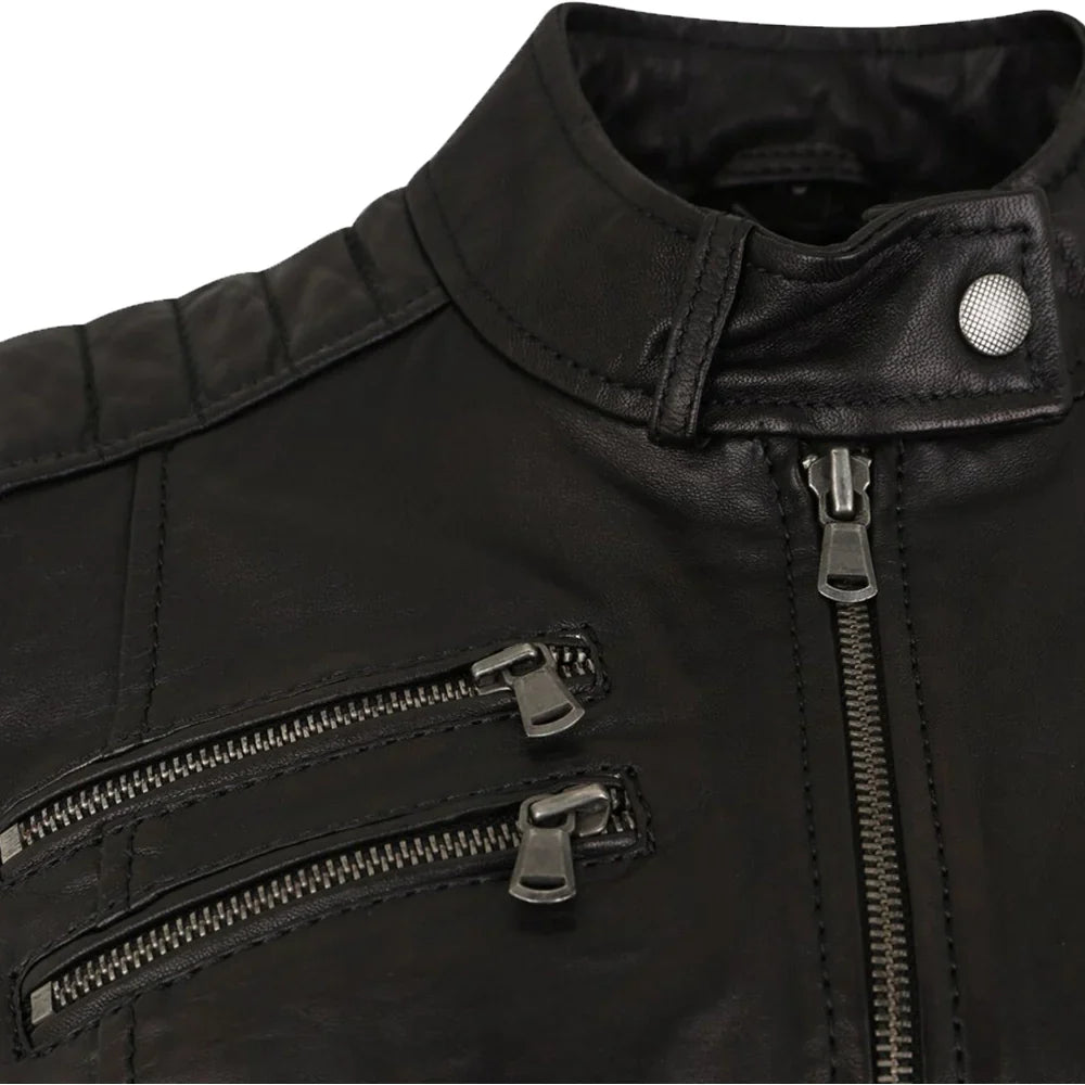 High collar on women’s black nubuck biker jacket