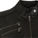 High collar on women’s black nubuck biker jacket