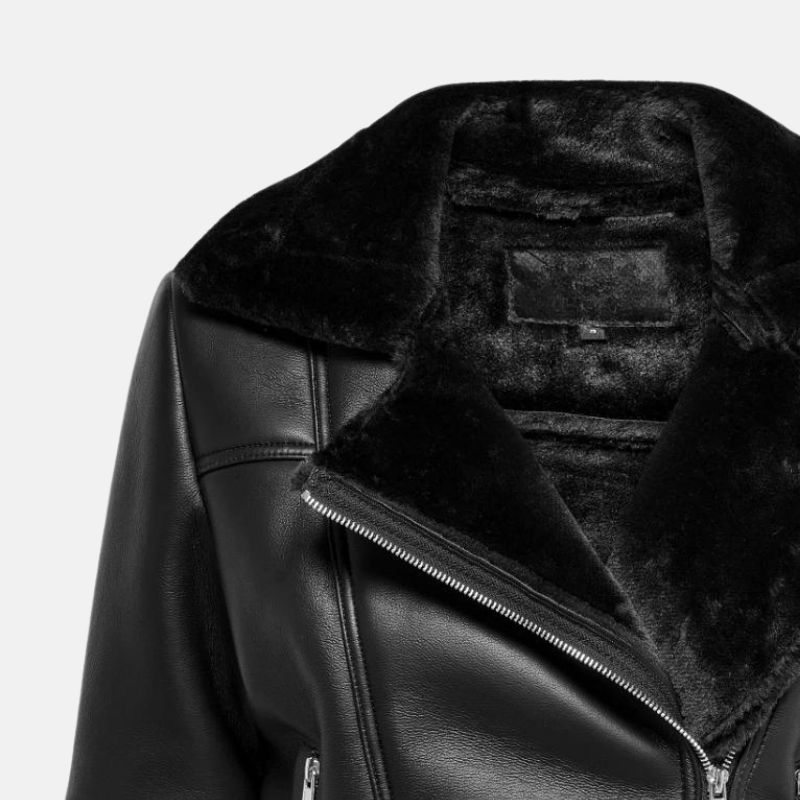 Black premium leather shearling jacket for women