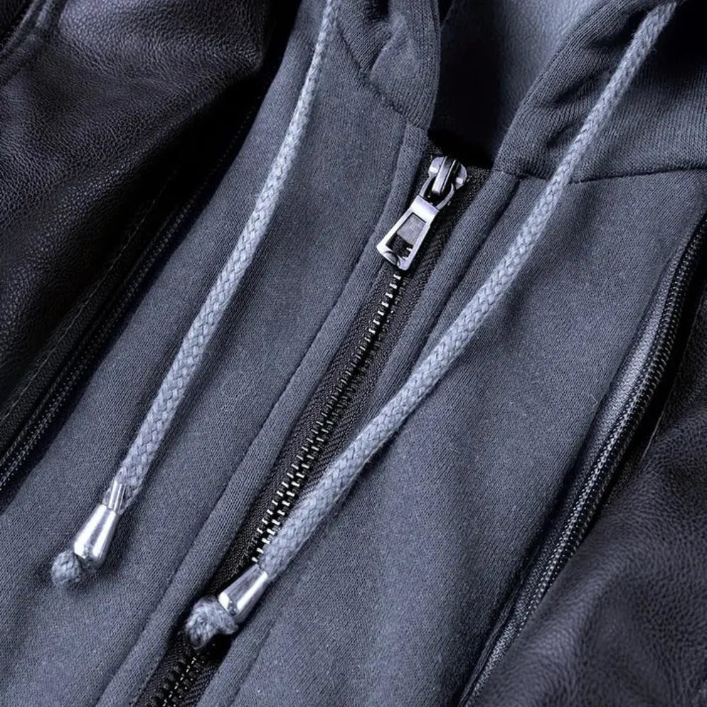 Men's Distressed Black Leather Jacket with Removable Hood