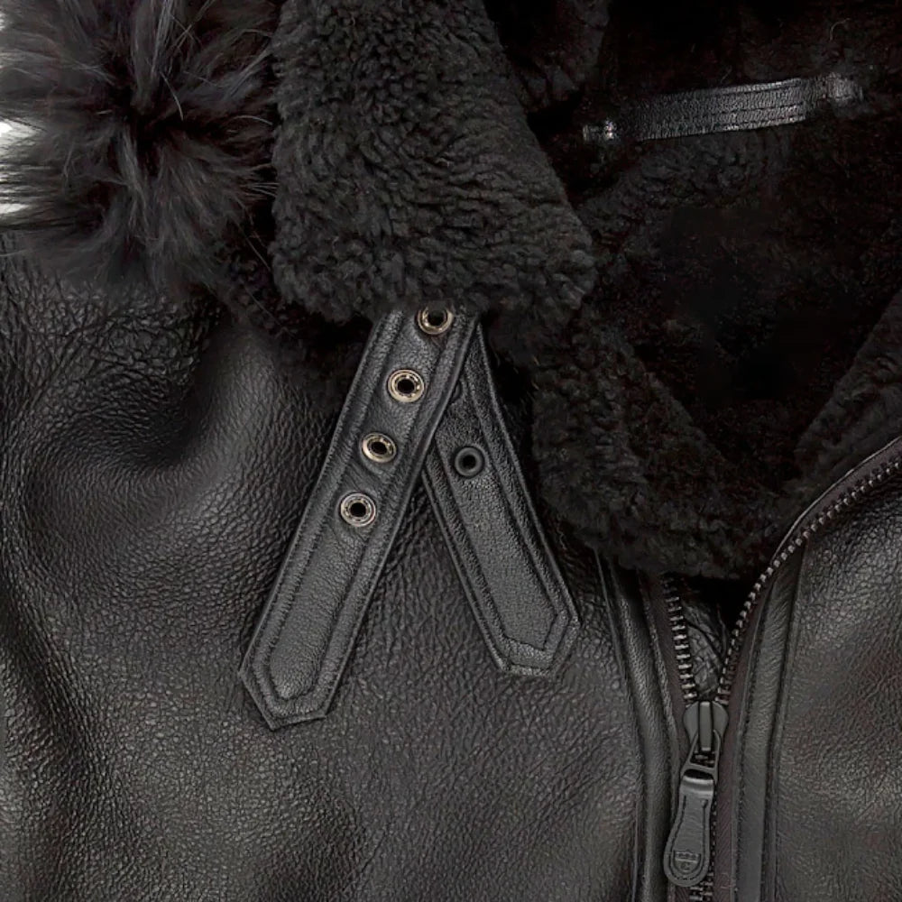 Mens Black Hooded B3 Shearling Aviator Leather Bomber Jacket