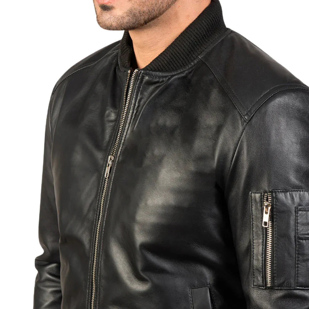 Black sheepskin leather bomber jacket for tall men