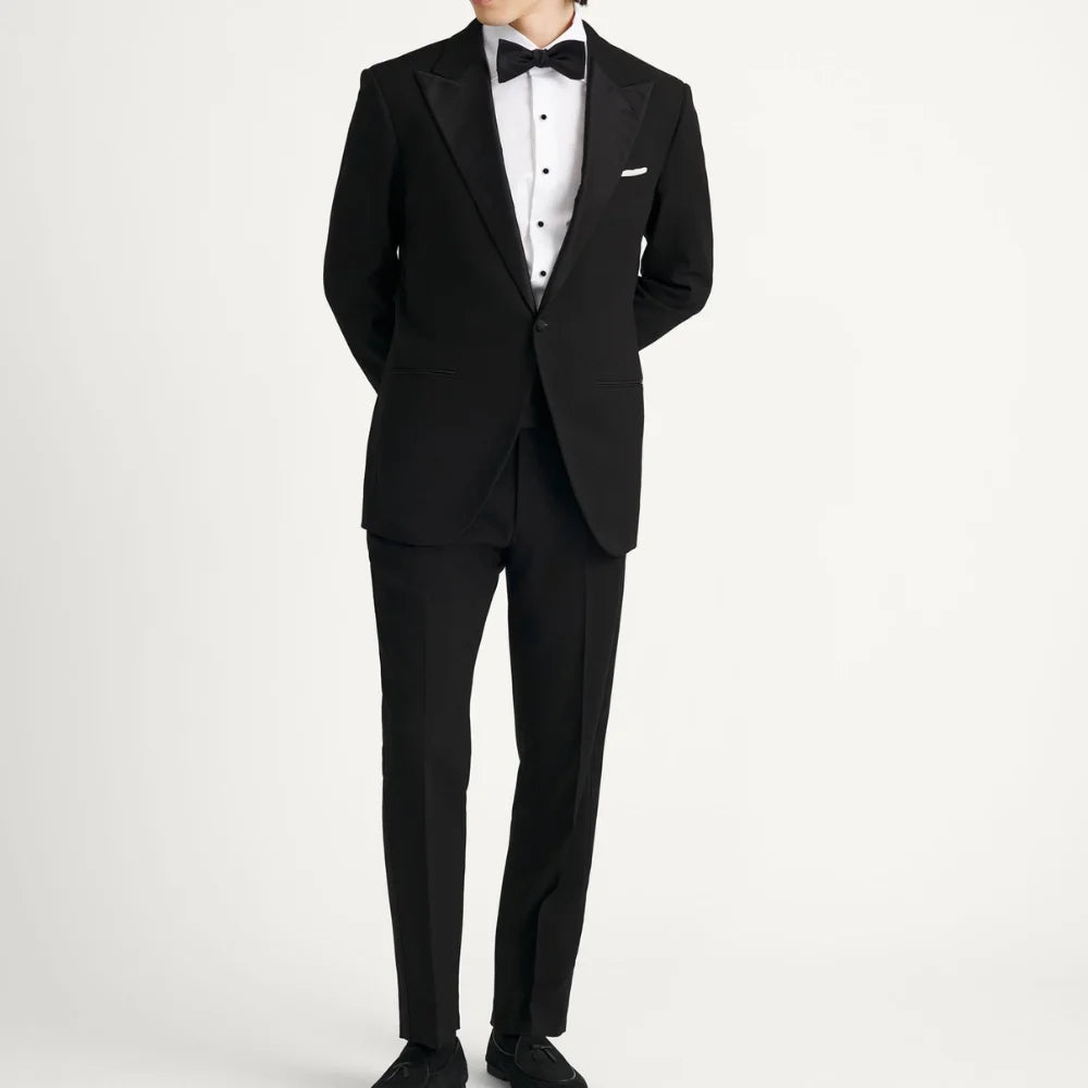 Men’s black tuxedo jacket with single-button front