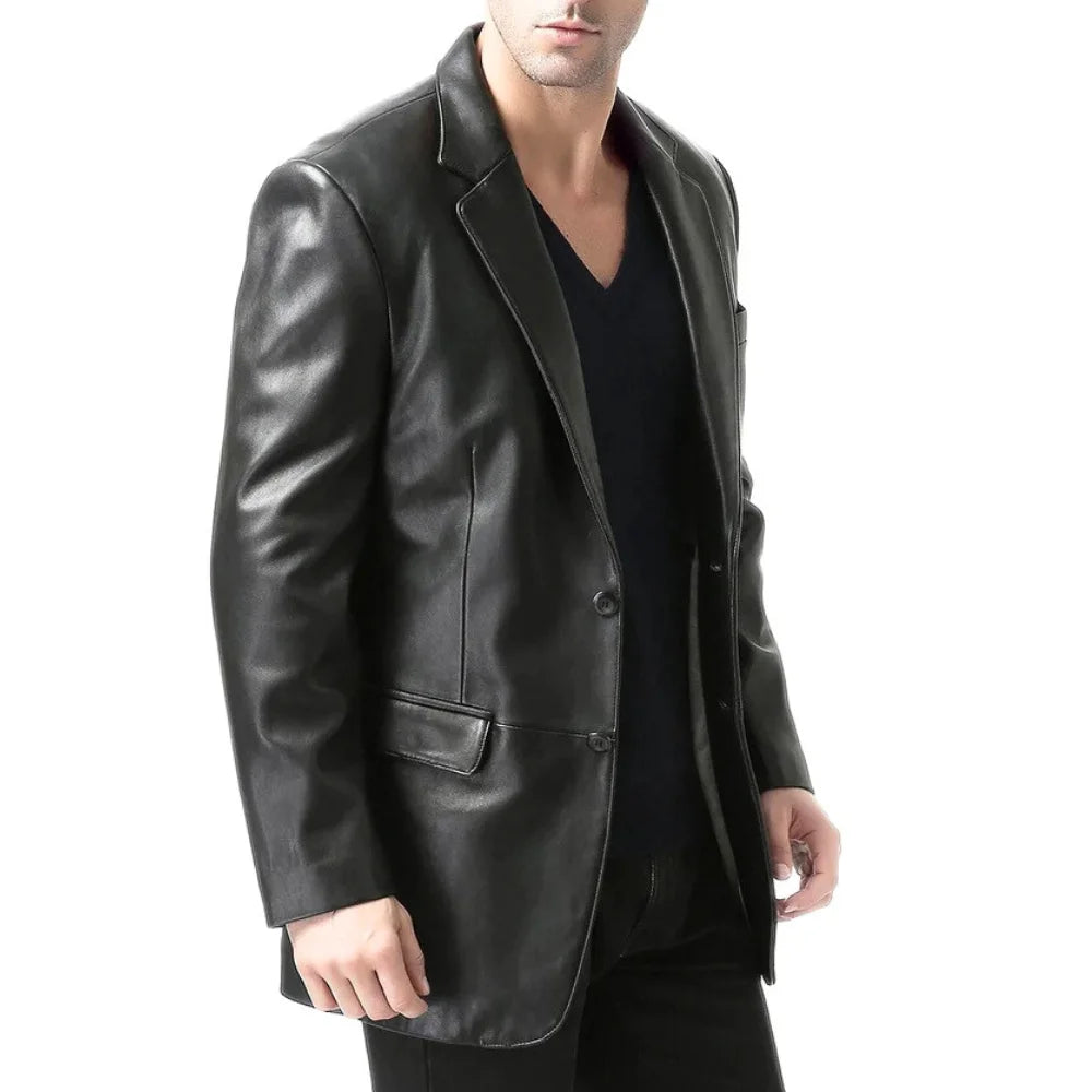Men's Two Button Real Lambskin Black Leather Blazer