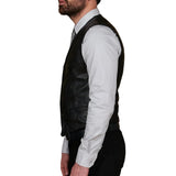 Side view of men’s black V-neck leather waistcoat