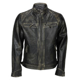 Mens Distressed Real Lambskin Black Leather Biker Jacket
