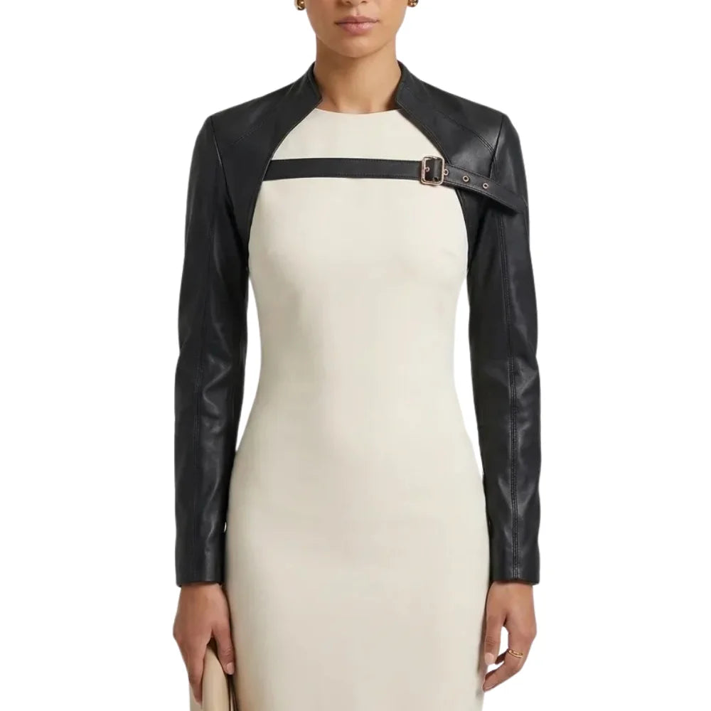Women's Belted Black Leather Bolero Jacket